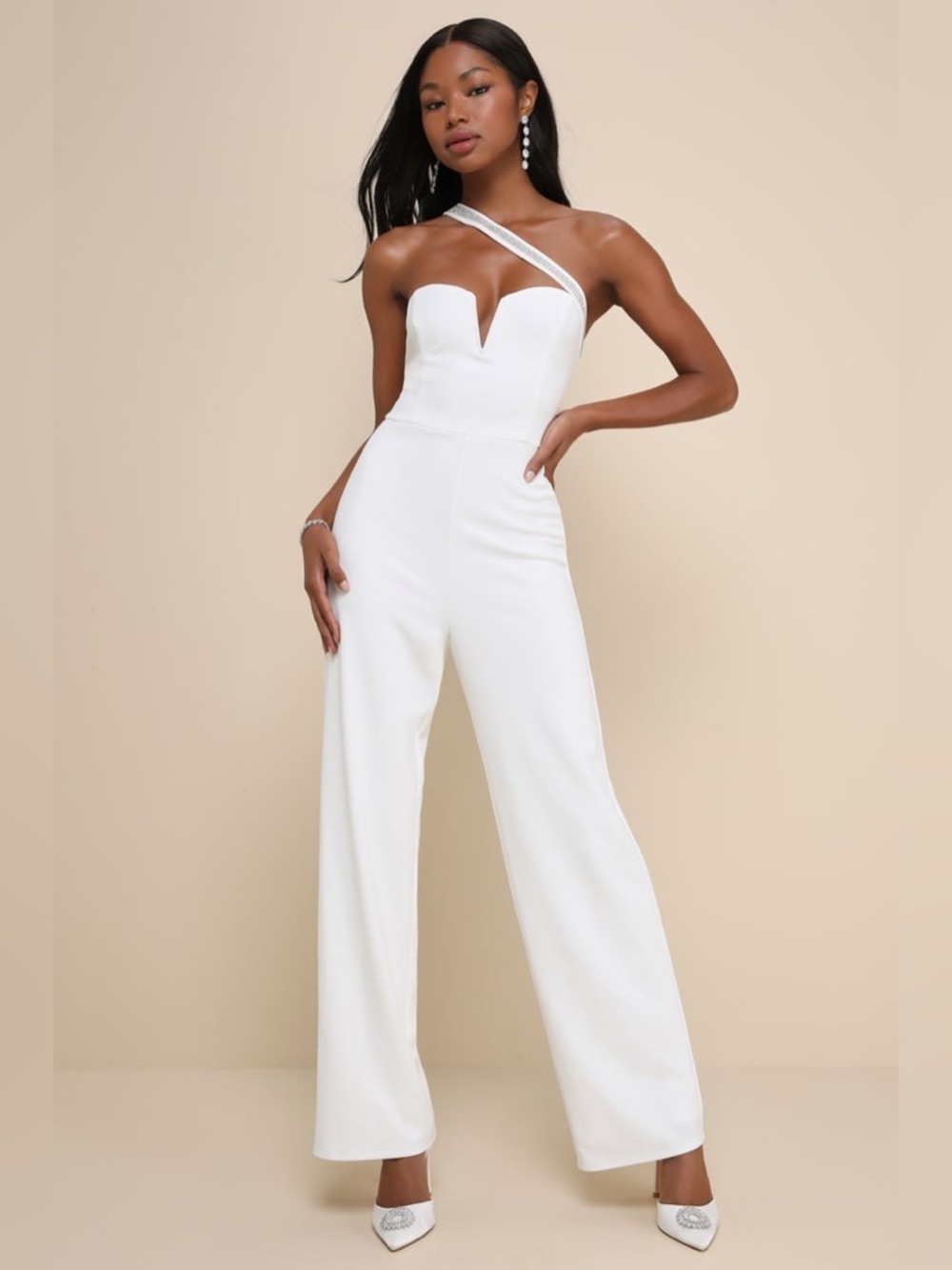 Lulus Sparkling Praise White Notched Rhinestone One-Shoulder Jumpsuit Size S